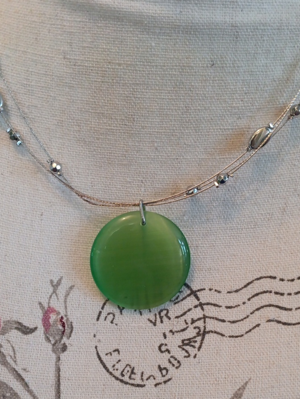 + Multi Strand Wire Necklace with Green Glass Disc Pendant